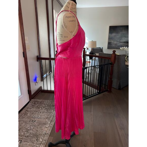 Women's Boho Hot Pink V Neck  Pleated Midi Crossover Dress Tie Back SZ L NWOT - Picture 5 of 5